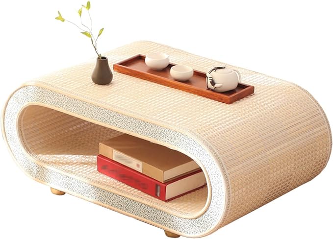 Japanese Floor Table, Curved Wooden Woven Tatami Table, Double Layer Storage by Unknown