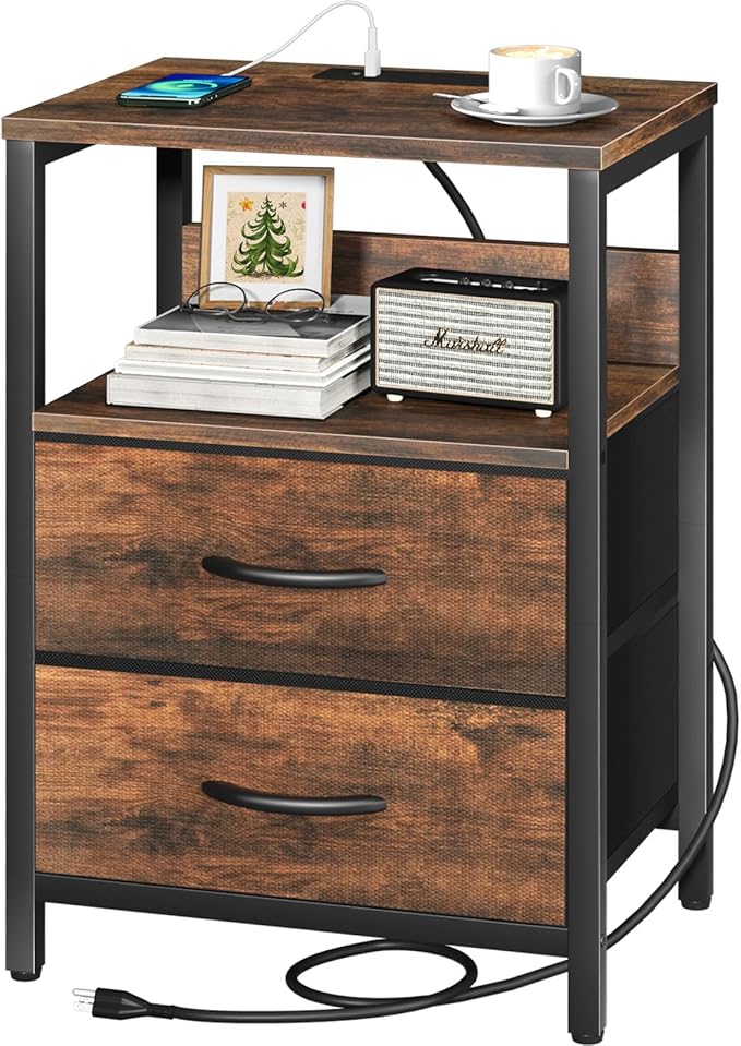 Yoobure Nightstand with Charging Station, Small Night Stand with Fabric Drawers by Yoobure
