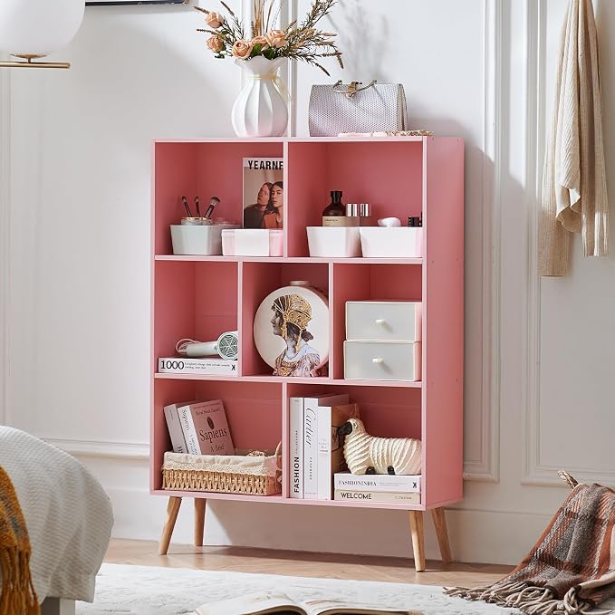 LEYAOYAO Cube Bookshelf 3 Tier Mid-Century Light Pink Modern Bookcase - Image 8