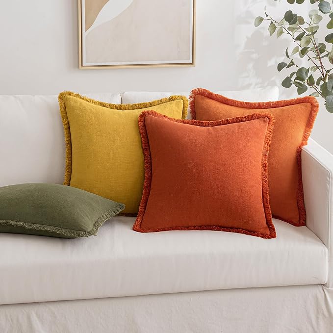 MIULEE Linen Fringe Decorative Fall Throw Pillow Covers Burnt Orange 18x18 | - Image 8