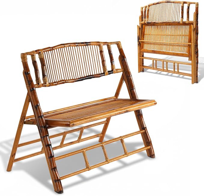 VINGLI Bamboo Rattan Folding Loveseat, Handmade Double Seat Folding Chair by VINGLI