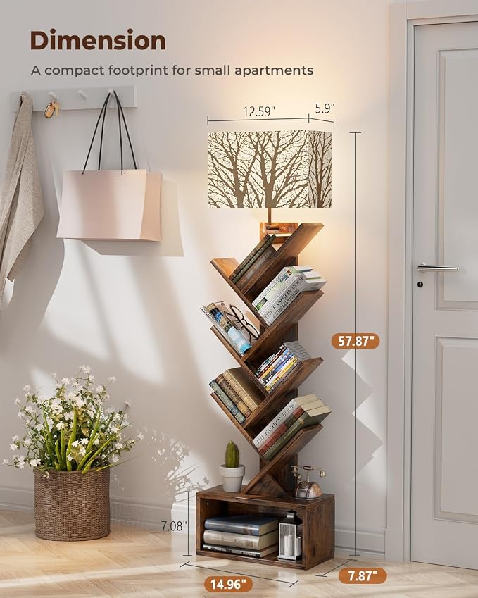 Evermagin Tree Bookshelf with Light, 6 Tier Small Bookcase, Narrow Floor - Image 2