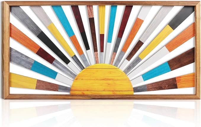 IARTTOP Large Boho Sun Wall Art Framed Wooden Art Wall Decor Rainbow Sun Rising by IARTTOP
