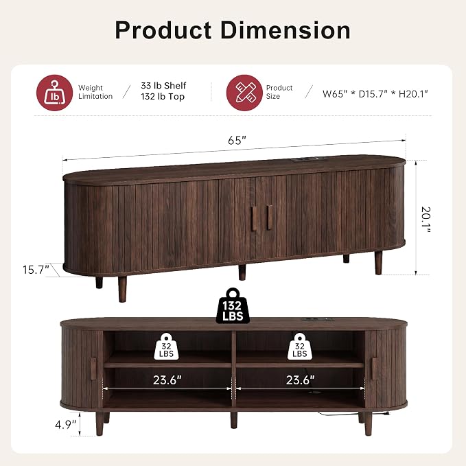 65" Mid Century Modern TV Stand, Wood TV Consoles - Image 3