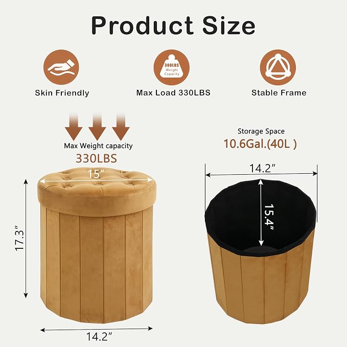 CAROLMADE Round Storage Ottoman, Velvet Folding Footrest Stool - Image 3