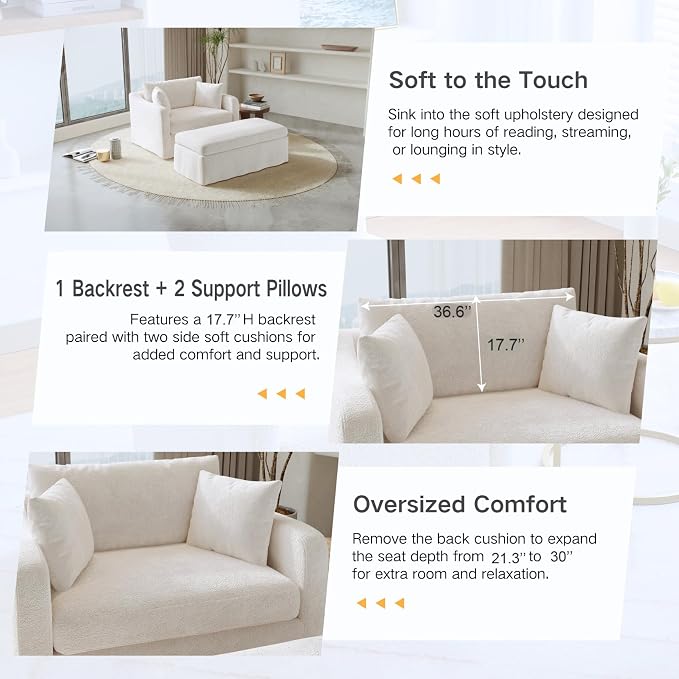 Oversized Armchair with Ottoman, 43.9" W Chenille Accent Chaise Lounge Sofa - Image 3