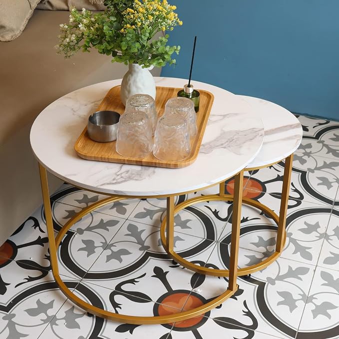 aboxoo Coffee Table Nesting White Set of 2 Side Set Golden Frame Circular Round - Image 4