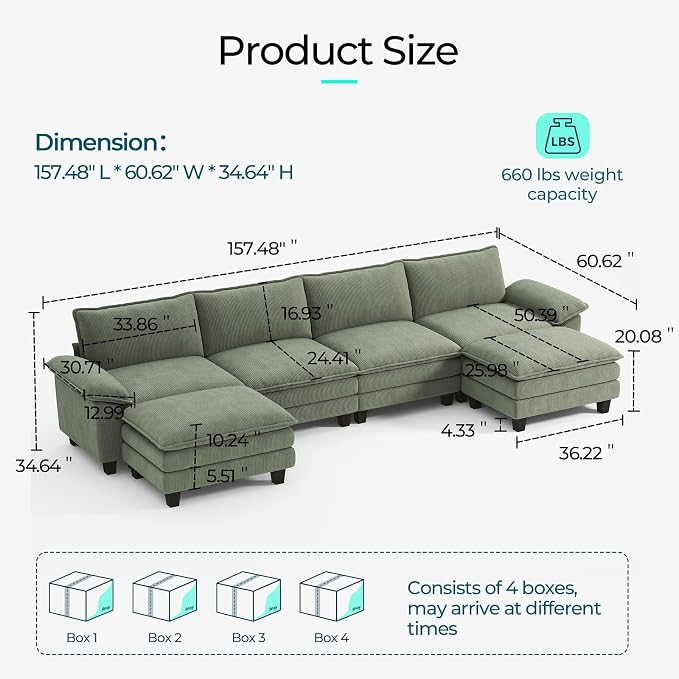 LINSY HOME 157" Modular U-Shaped Sectional Sofa, 4-Seat Corduroy Modern Cloud - Image 2