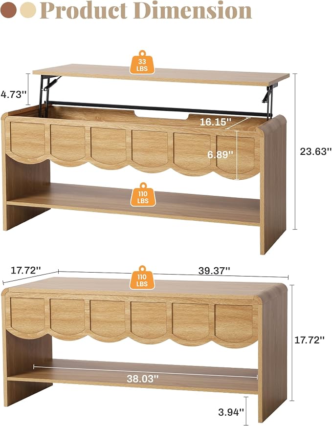 Lift Top Coffee Table with Hidden Compartment, 2 Tier Wooden Center Table with - Image 2