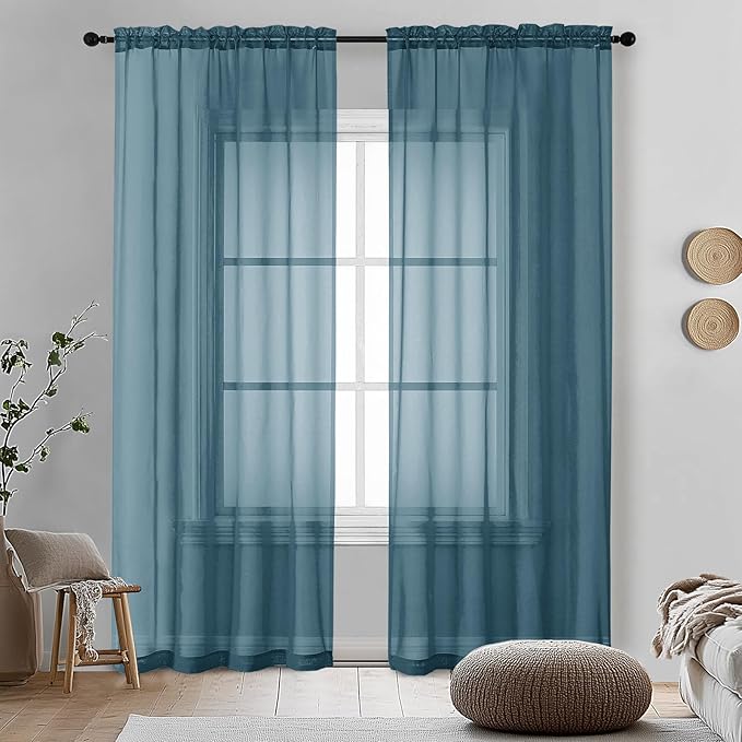 2 Pieces Dusty Blue Sheer Curtains 84 inches Long-Lightweight Soft Window by OVZME