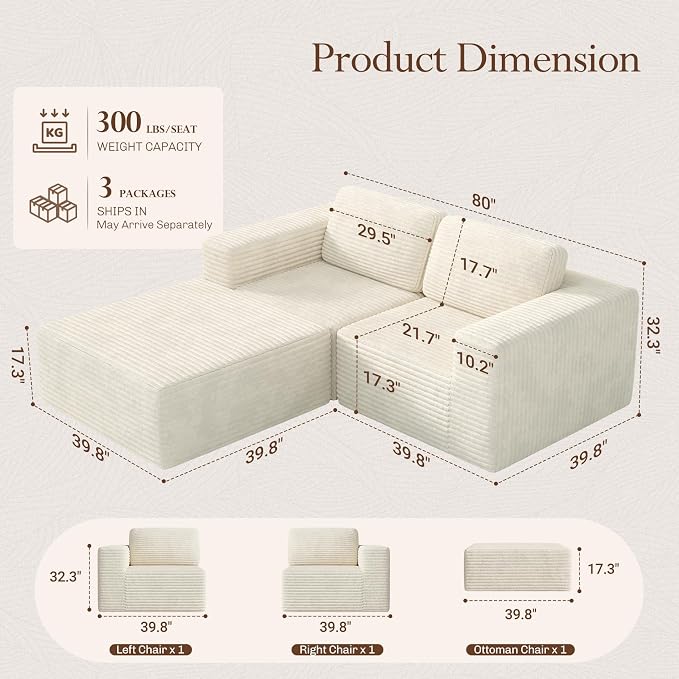 Vesgantti 80" Modular Sectional Sofa, Corduroy Cloud Couch - Image 2