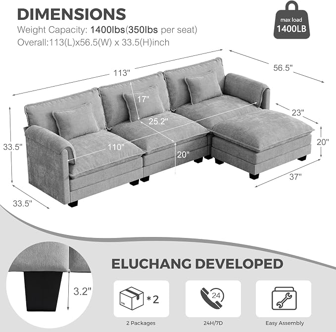 ELUCHANG 116" Modular Sectional Sofa, Comfy Cloud Couch, L Shaped Deep Seat - Image 2