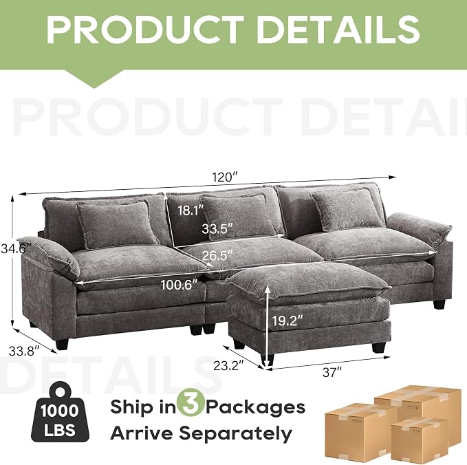 Oprisen 120" Modular Sectional Sofa, Comfy Cloud Couch Sectional Sofa - Image 2