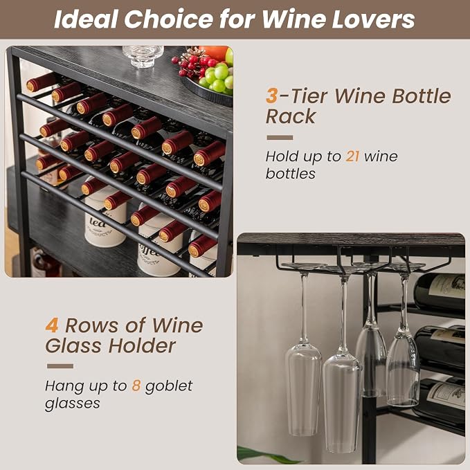 COSTWAY Wine Bar Cabinet, 3-Tier Liquor Cabinet - Image 5