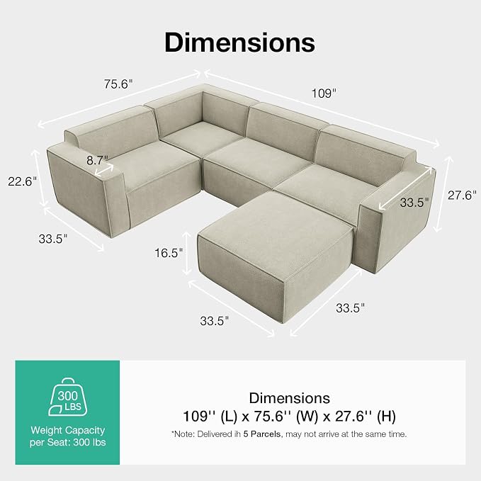 Novilla 109" Modular Sectional Sofa, No Assembly Cloud Sectional Couch - Image 2