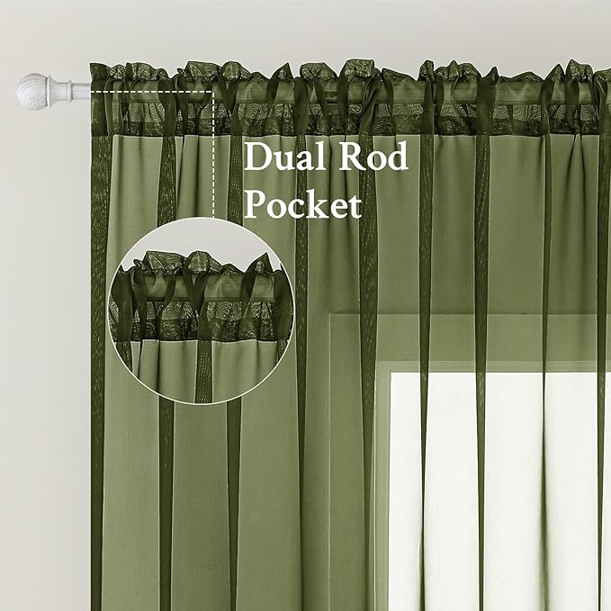 MIULEE Olive Green Sheer Curtains 54 X 45 Inches, 2 Panels | Solid Color - Image 2