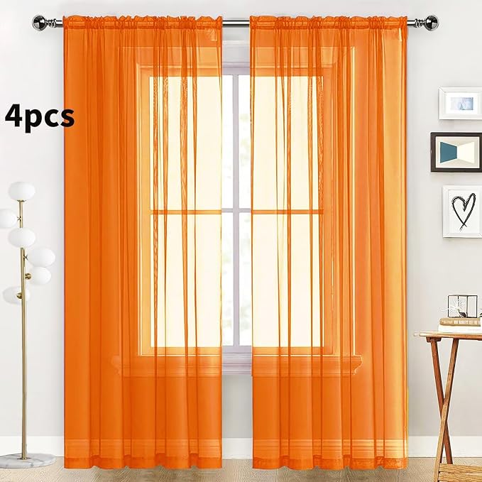 SpaceDresser Orange Sheer Curtains 4 Panels Rod Pocket Semi-Sheer Curtain 108 - Image 2