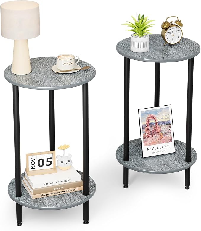 Round Side Table Set of 2, 2-Tier Modern Accent Table, Small Bedside Table by BITYODD-HOME
