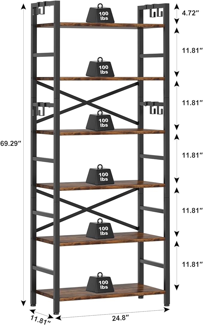 Homeiju 6 Tier Bookshelf, Industrial Bookcase - Image 3