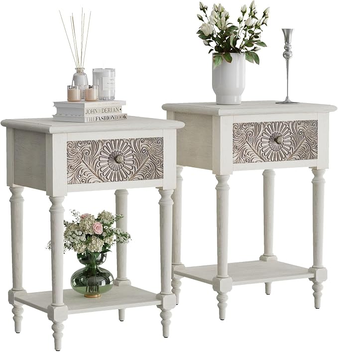 HOMPUS End Table Set of 2 with Drawer and Shelf, Vintage Nightstand Set 2 w by HOMPUS