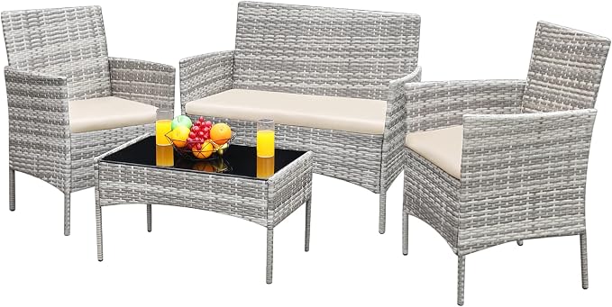 Greesum Patio Furniture 4 Pieces Conversation Sets Outdoor Wickerr Rattan by BuynowfromGreesum