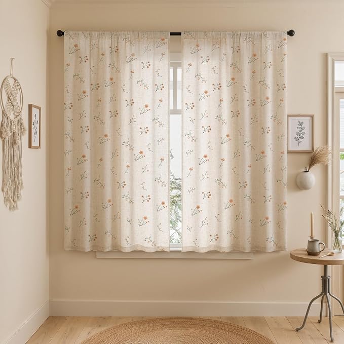 Floral Embroidered Light Filtering Curtains 63 Inch 2 Panels | Linen Blend by Unknown