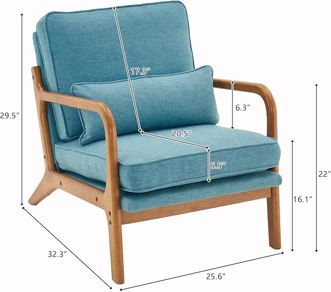 Bonnlo LinenTeal Mid Century Modern Accent Chair, Soild Wood Padding Lounge - Image 2