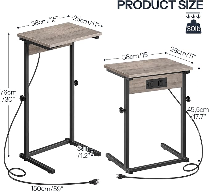 HOOBRO C-Shaped End Table with Charging Station, Adjustable Height Sofa Tray - Image 2