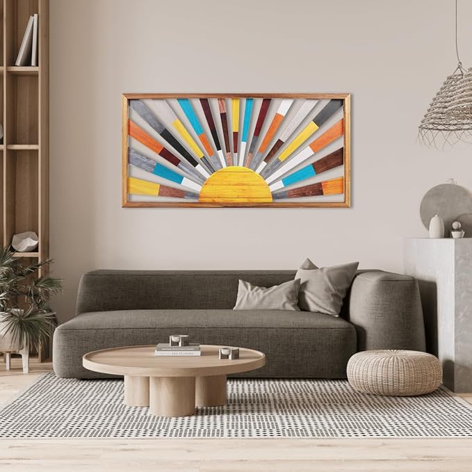 IARTTOP Large Boho Sun Wall Art Framed Wooden Art Wall Decor Rainbow Sun Rising - Image 5