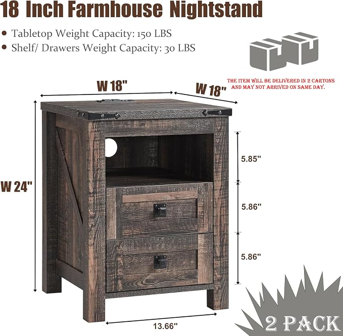 T4TREAM Farmhouse Nightstand Set of 2, Rustic End Table - Image 3
