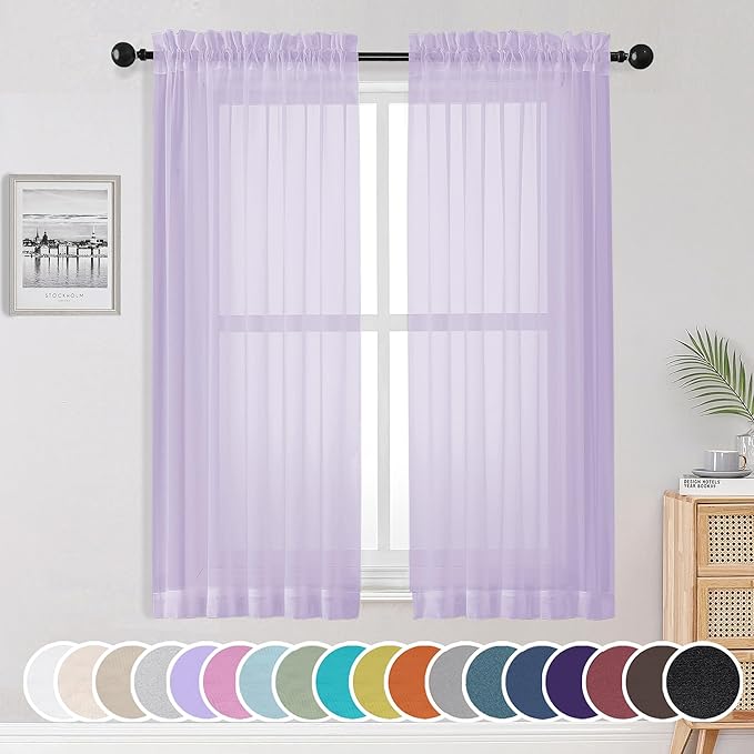 Light Purple Sheer Curtains 63 inch Length 2 Panels Set, Rod Pocket Light by OWENIE