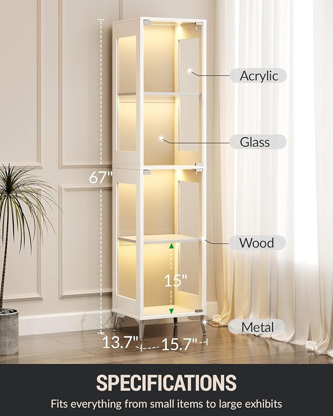 Glass Display Cabinet, 4-Tier Curio Cabinet, Adjustable Shelves, 000 Color - Image 6