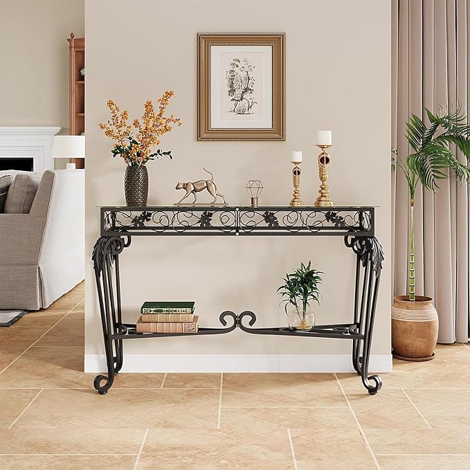 HavenlyYouth Console Table 47.2", Tempered Glass Sofa Tables, Vintage Entryway - Image 2