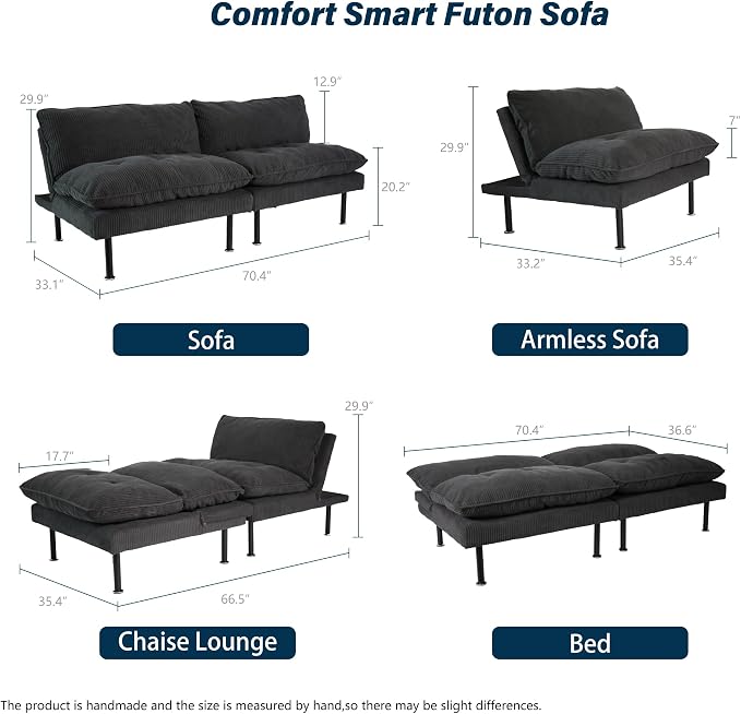 Ribilake 3 Sets 70" Futon Sofa Bed, 4 in 1 Multi-Function Couch Sleeper - Image 2