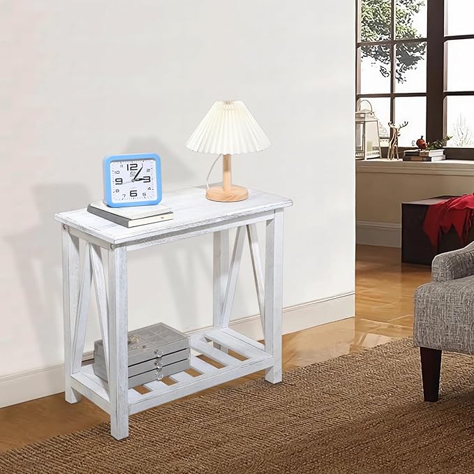 Farmhouse Narrow End Table Wooden Rustic White Side Tables - Image 4