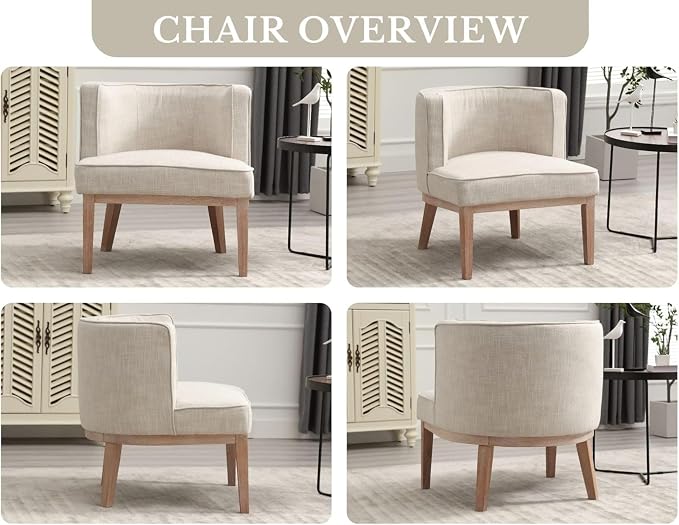 Beige Barrel Chair with Solid Wood Frame, Small Round Accent Chair, Comfy Linen - Image 9