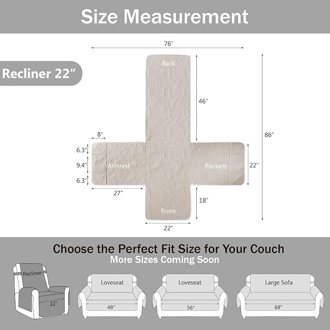 Beige Quilted Recliner Chair Covers, Water-Repellent Recliner Slipcovers - Image 6