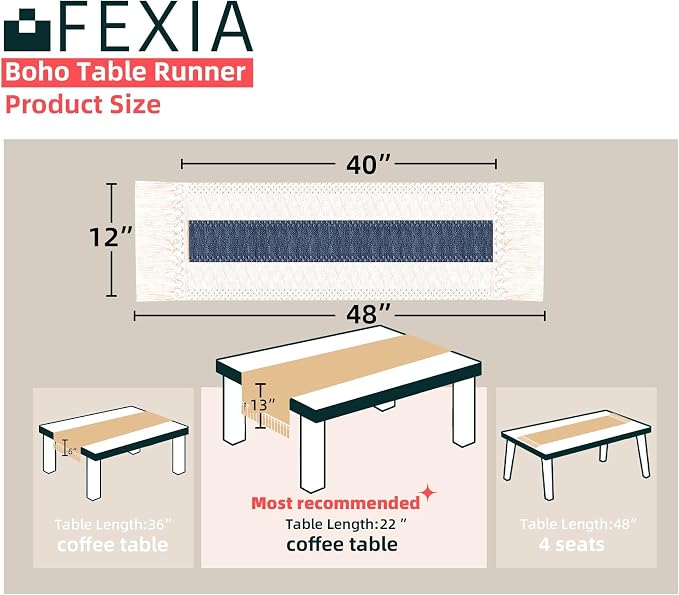FEXIA Boho Blue Table Runner 48 Inches Long - Image 2