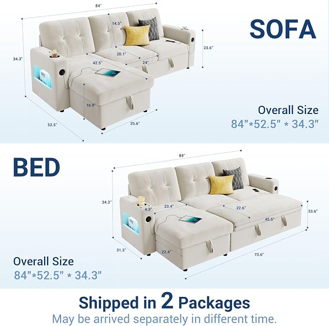 GarveeHome 84 Inch Sleeper Sofa Couch, L-Shaped Couches, Convertible Pull Out - Image 2