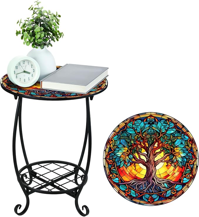 Cinnvoice Outdoor Side Table Round Small Mosaic Patio Accent Indoor End Plant - Image 5