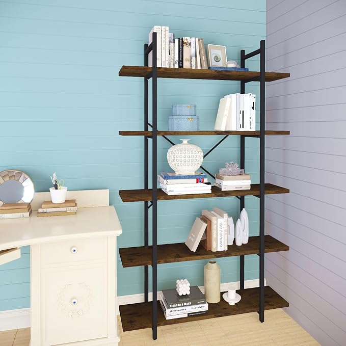5 Tiers Bookshelf Organizer Industrial Shelf, Modern Open Display Storage - Image 7