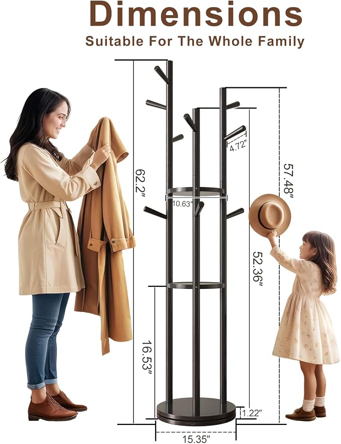 Muwuele Solid Wood Rotary Coat Rack, Freestanding Coat Rack - Image 4