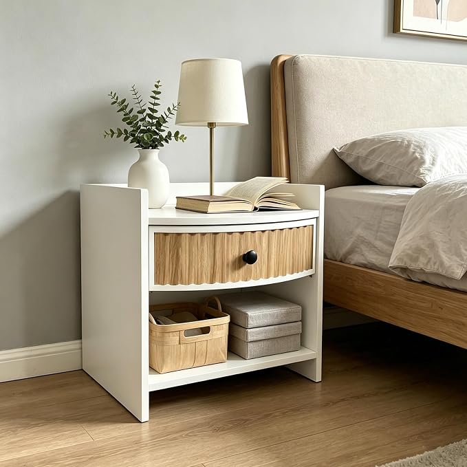 Wooden Nightstand with Drawer and Open Storage Shelf, Curved Front Bedside Table by Unknown