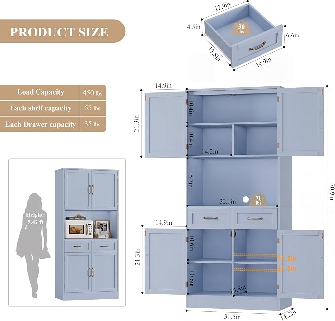 HOSTACK 71" Tall Kitchen Pantry Storage Cabinet, Modern Kitchen Hutch Bar - Image 3
