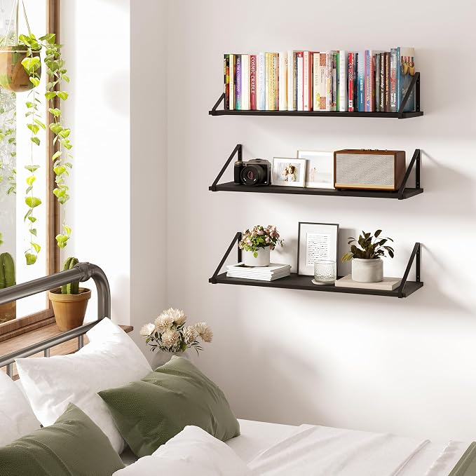 BAMEOS 24X8 Floating Shelves Rustic Wood Wall Shelf Set of 3, Bookshelf - Image 4