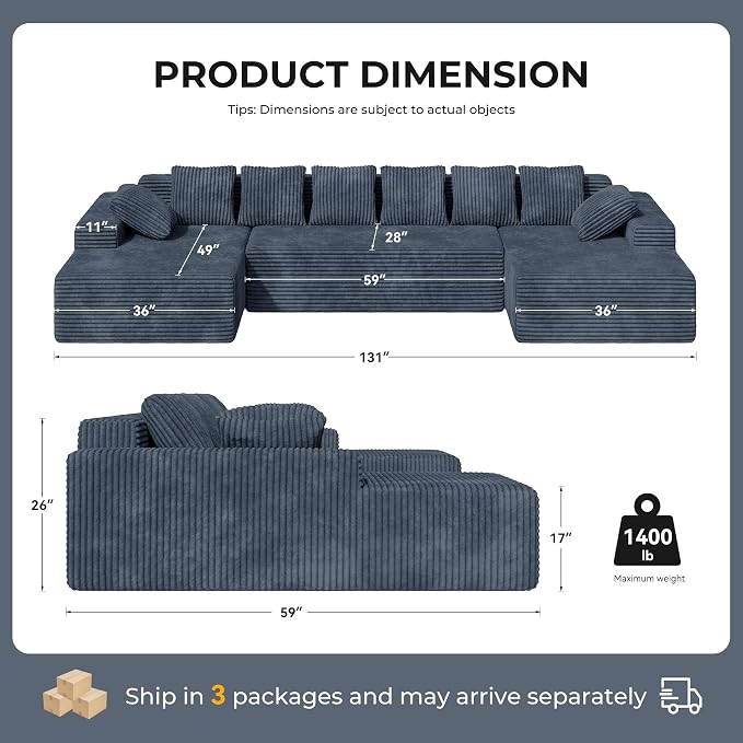 131'' Modular Sectional Cloud Sofa, U-Shaped Boneless Couches - Image 2