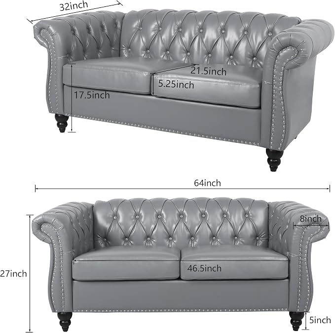 LEVNARY Leather Sofa, Chesterfield Tufted Upholstered 2 Seater Couch, Modern - Image 2