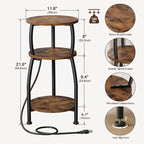 Round Side Table with Power Outlet & USB Ports, 3-Tier End Table with Storage - Image 3