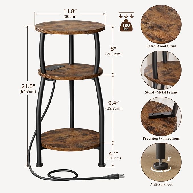 Round Side Table with Power Outlet & USB Ports, 3-Tier End Table with Storage - Image 3