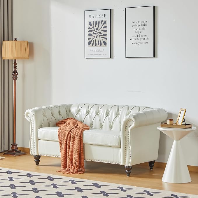 LEVNARY Leather Sofa, Chesterfield Tufted Upholstered 2 Seater Couch, Modern - Image 3